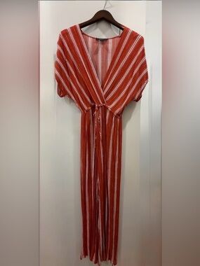 Forever 21 Rust-Red/Rust and White Striped Jumpsuit SZ S Zipper on side.